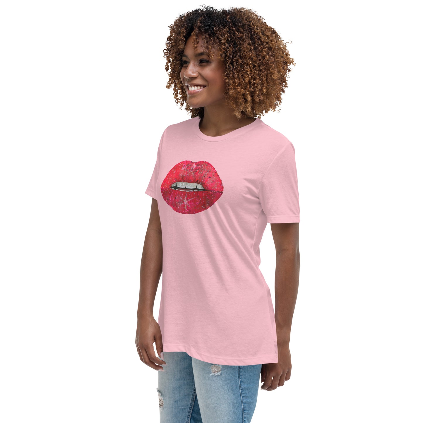 Red Glitter Lips design by Kirsten Blackburn on women's relaxed tee