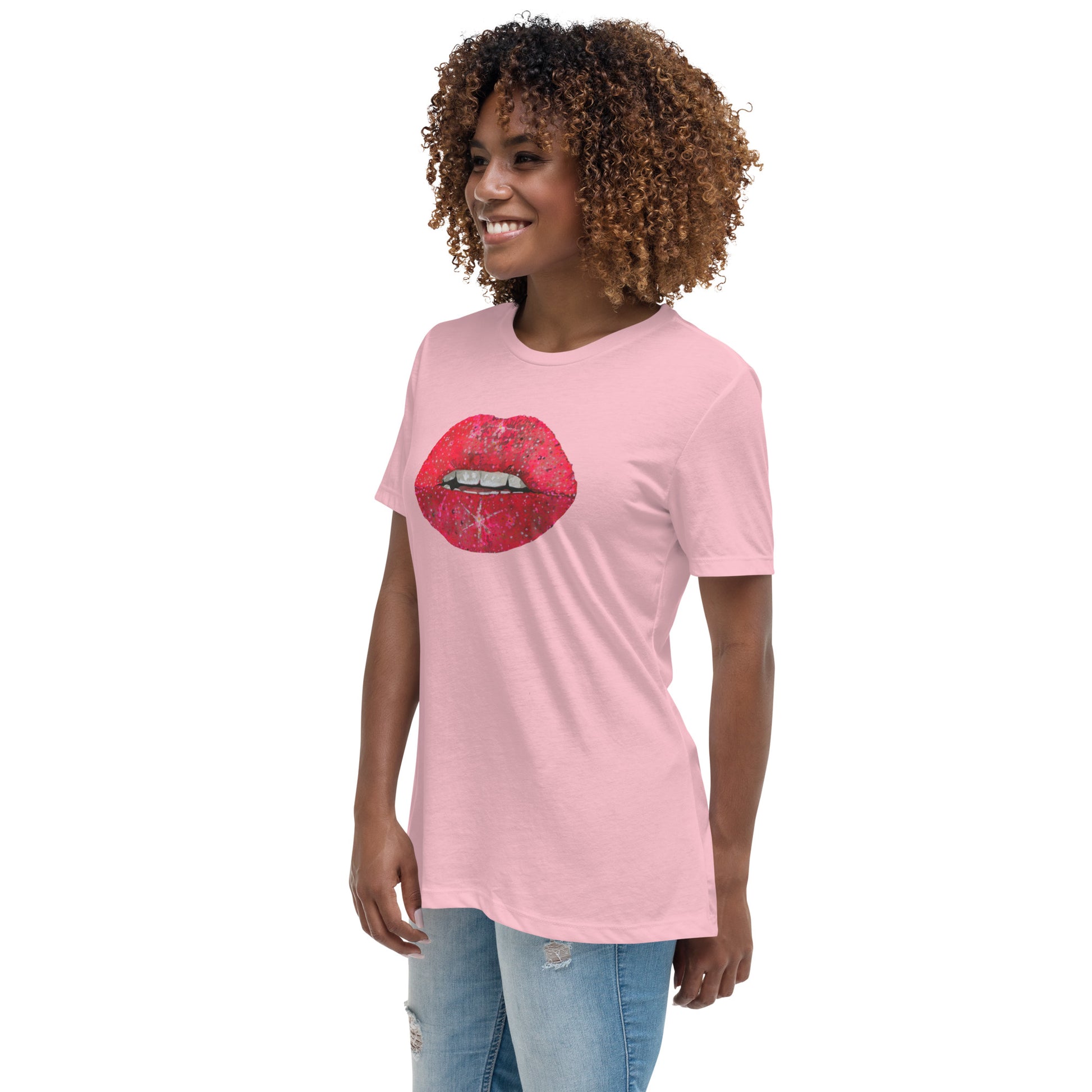 Red Glitter Lips design by Kirsten Blackburn on women's relaxed tee