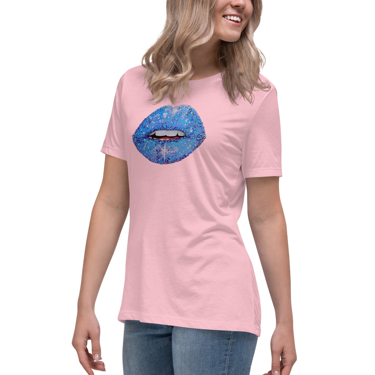 Blue Glitter Lips design by Kirsten Blackburn on women's relaxed tee