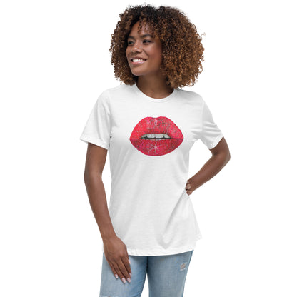 Red Glitter Lips design by Kirsten Blackburn on women's relaxed tee