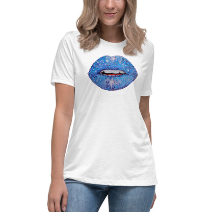 Blue Glitter Lips design by Kirsten Blackburn on women's relaxed tee