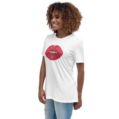 Red Glitter Lips design by Kirsten Blackburn on women's relaxed tee