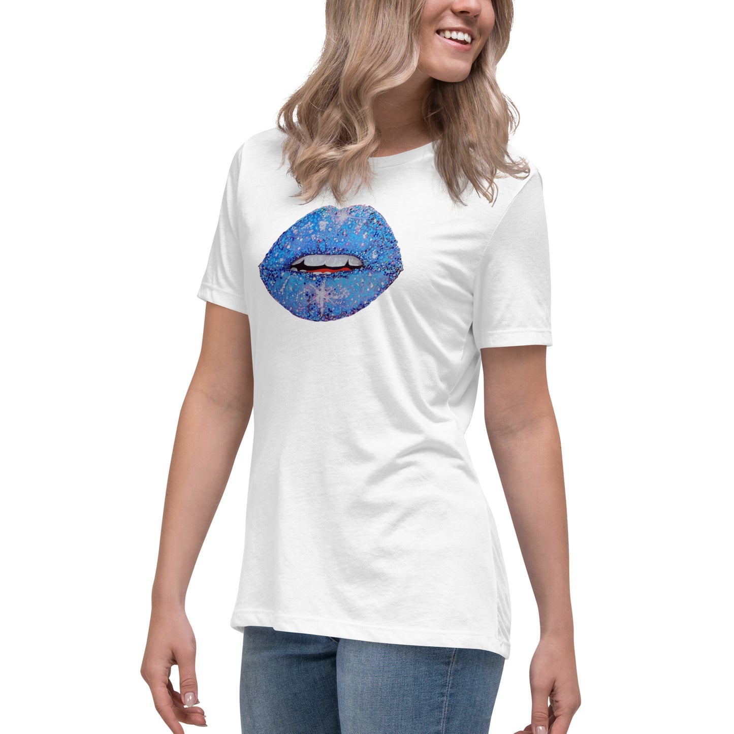 Blue Glitter Lips design by Kirsten Blackburn on women's relaxed tee
