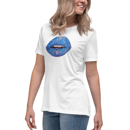 Blue Glitter Lips design by Kirsten Blackburn on women's relaxed tee